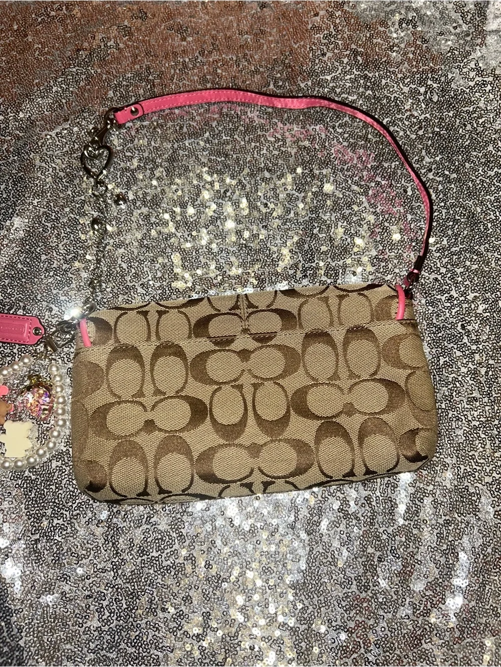 Coach Brown Signature Canvas Wristlet with Pink Trim
